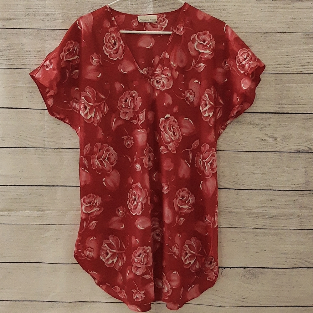 Red Roses Floral Intimates Sleepwear Alexandra Nicole  Night Shirt VTG 90s M